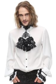 Gothic White Pirate Shirt with Black Lace Frills and Cuffs - M