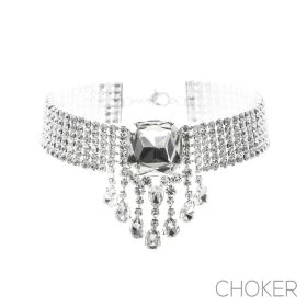 6 Row Rhinestone Teardrop Choker, Sil