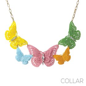 Multi Colored Butterfly Collar Necklace w/rhinestones, 16" + 3"