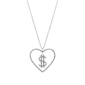 rhinestone dollar, $, in heart necklace, silver