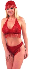 Beaded Cap - Short Fringes, Red on Red