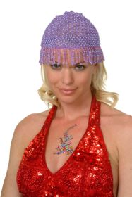 Beaded Cap - Short Fringes, Purple on Purple