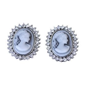 Burnished Silver Pointy Oval Cameo Stud - Grey