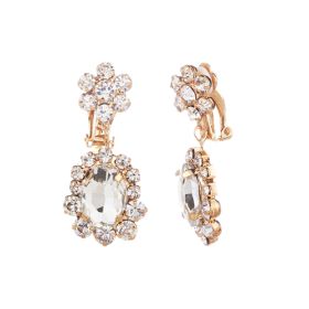 Crystal Flower Dangle Clip-On Earrings - Gold