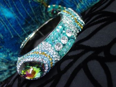 Rhinestone Bangle with Large Oval - Aqua  Stone