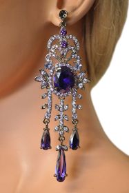 Rhinestone Chandelier Earring with 3 Drops - Purple