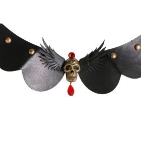 Skull PU Leather choker with wings, blk/gld