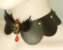 Skull PU Leather choker with wings, blk/gld