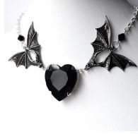 Bat Necklace with Heart Stone-Black