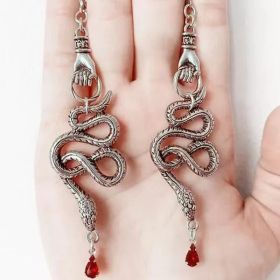 Hand Holding Snake with Red Gem Earrings-Silver..