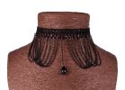 Black Lace Choker with Hanging Chains and Beads