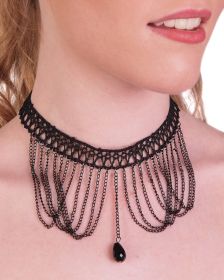 Black Lace Choker with Hanging Chains and Beads