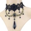 Black Lace Rose Choker with Bead Swags and Pendant