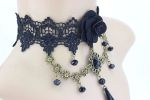 Black Lace Rose Choker with Bead Swags and Pendant