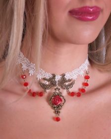 Victorian White Lace Choker with Rose Pendant and Bead Swags