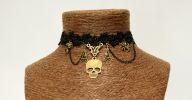 Victorian Black Lace Choker with Skull Pendant