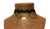 Victorian Black Lace Choker with Skull Pendant