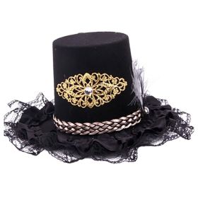 Mini Top Hat with lace and feathers, black