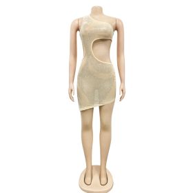 Rhinestone Cut Out Dress-Beige-M