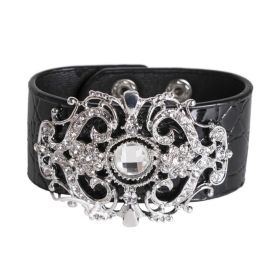 Black Leather Bracelet With Vintage Rhinestone Design