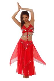 2 Pc Belly Dancing Set- Red with Silver coins - M/L