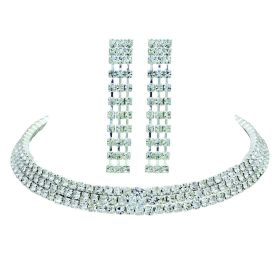 Three Row Rhinestone Choker with Earring - Silver