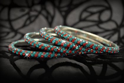 Rhinestone Bangle 3 Rows- TURQUOISE + RED