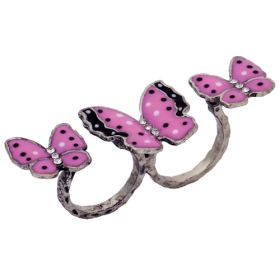 Rhinestone 3 Butterfly double ring, burnished silver, fuchsia multi, 2.35x0.8in 8.5/7.5