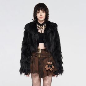 Simple punk imitation faux fur coat blk- ml