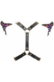 Black Faux Leather & Rainbow Holo Butterfly Wing Harness (size: Queen)