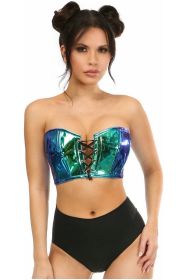 Lavish Teal/Blue Holo Lace-Up Short Bustier Top (size: small)