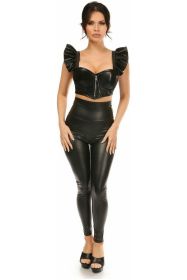 Lavish Black Faux Leather Underwire Bustier Top w/Removable Ruffle Sleeves (size: large)