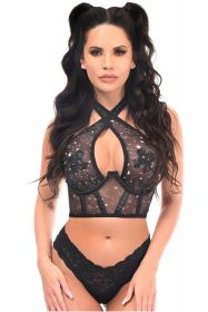 Lavish Celestial Print Mesh Underwire Cincher w/Built In Halter Top (size: small)