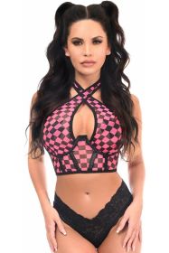 Lavish Black/Pink Checker Mesh Underwire Cincher w/Built In Halter Top (size: small)