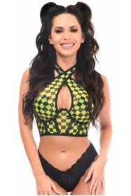 Lavish Black/Green Checker Mesh Underwire Cincher w/Built In Halter Top (size: small)