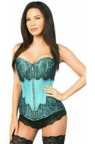 Top Drawer Teal Brocade Steel Boned Corset w/Black Eyelash Lace (size: small)