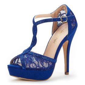 Dream Pairs Women's Heeled Sandal Pumps Peep Toe Super High Heel Platform Sandals for Woman White Lace Wedding Party Shoes (Color: Royal Blue, size: 6.5)